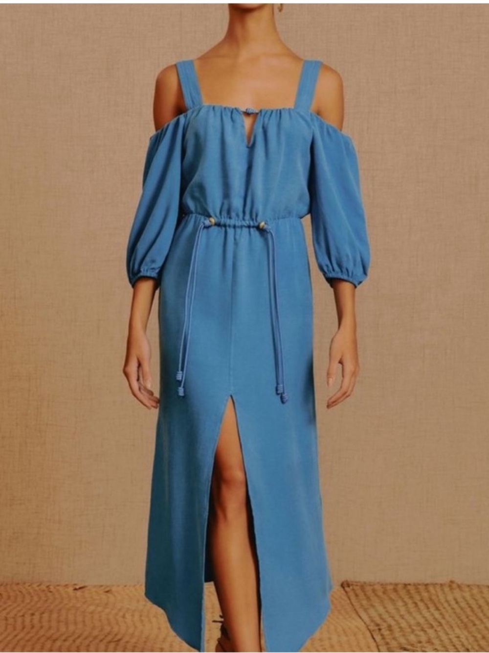 Designer Vix Blue Cold-Shoulder Maxi Dress with Drawstring Waist